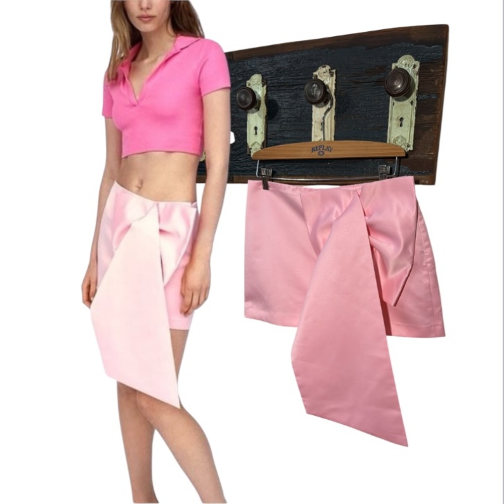 Zara Satin Like Pink Maxi Bow Mini Skirt Size Large